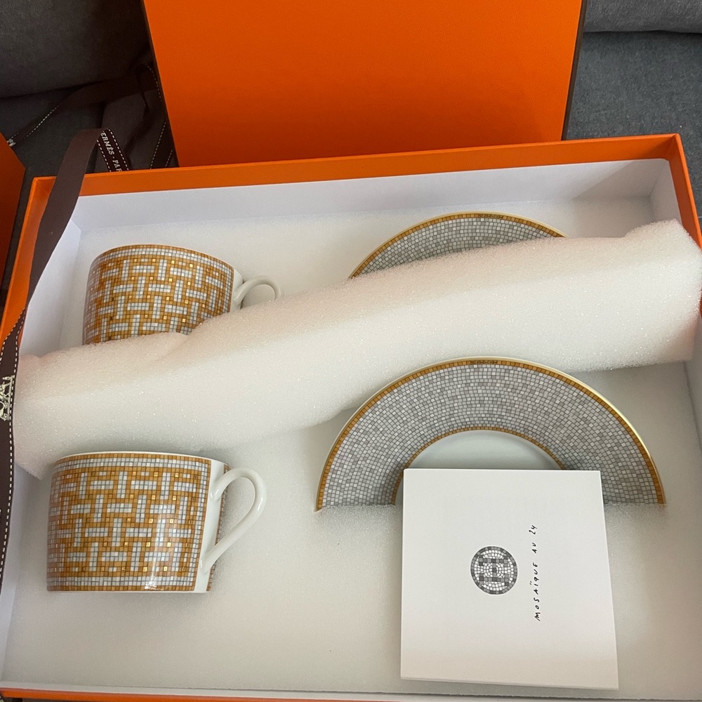 Hermes Mosaique au 24 gold tea cup and saucer a set of 2